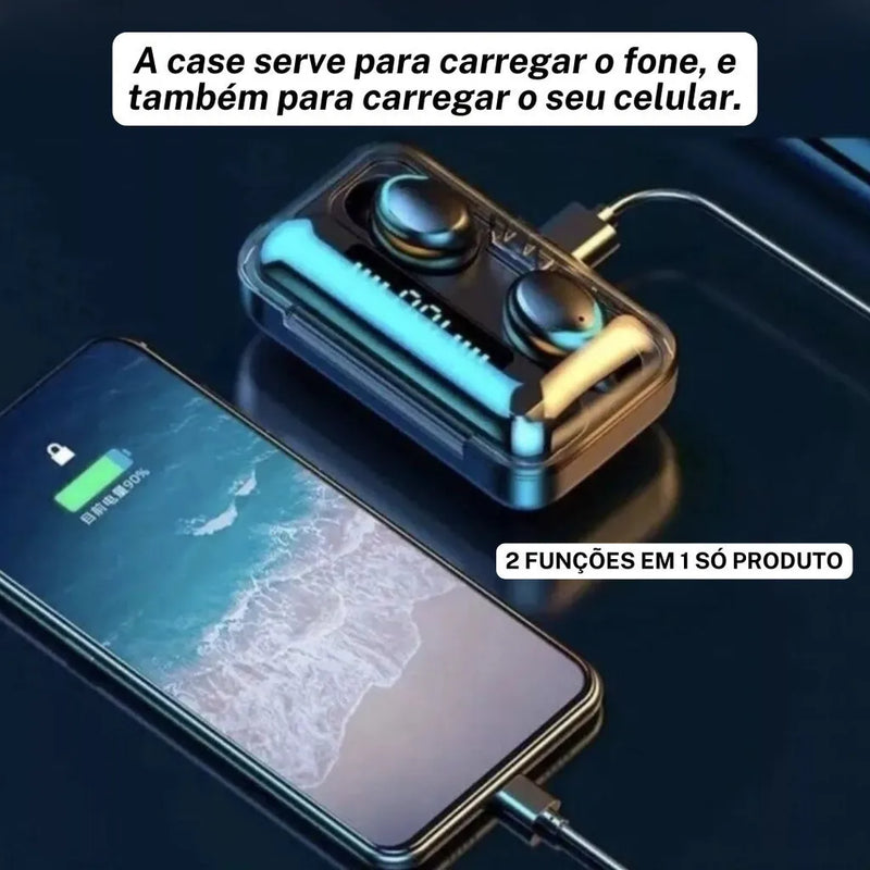 Fone De Ouvido Sem Fio F9-5 Display LED Power Bank, Áudio Premium. (Case serve ainda para carregar o Celular).