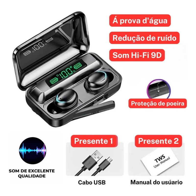 Fone De Ouvido Sem Fio F9-5 Display LED Power Bank, Áudio Premium. (Case serve ainda para carregar o Celular).