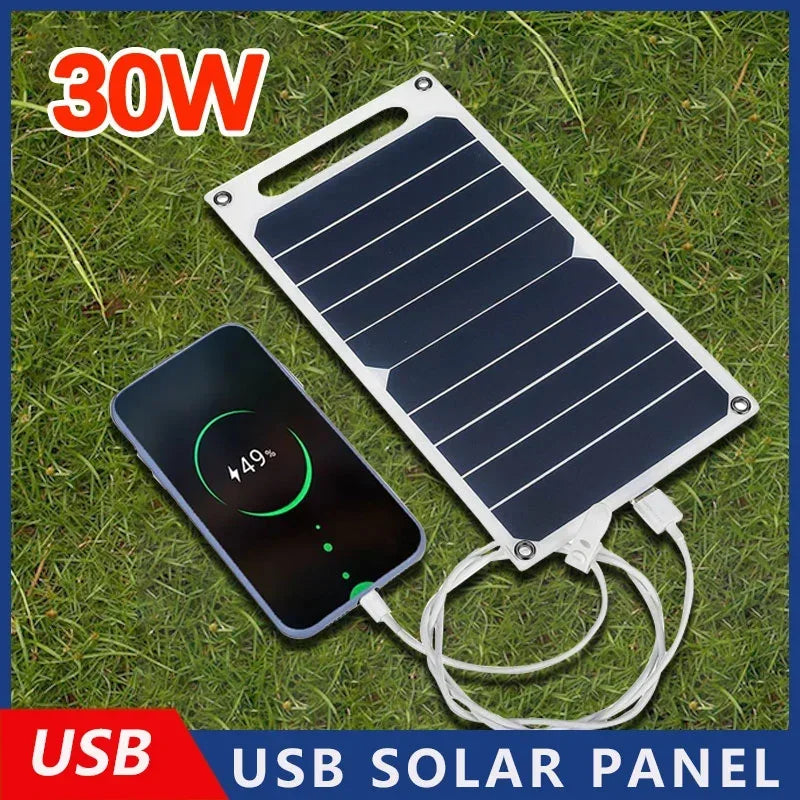 Painel solar com USB, impermeável, caminhadas ao ar livre e camping, bateria portátil, banco de carregamento do telefone móvel, 30W, 6.8V.